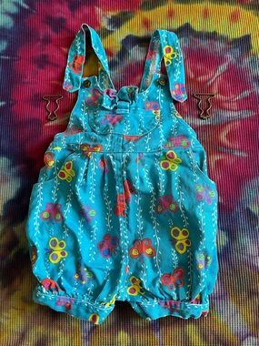 🦋 Vintage 90s Butterfly Print Corduroy Overalls - Size 2T - Turquoise Blue